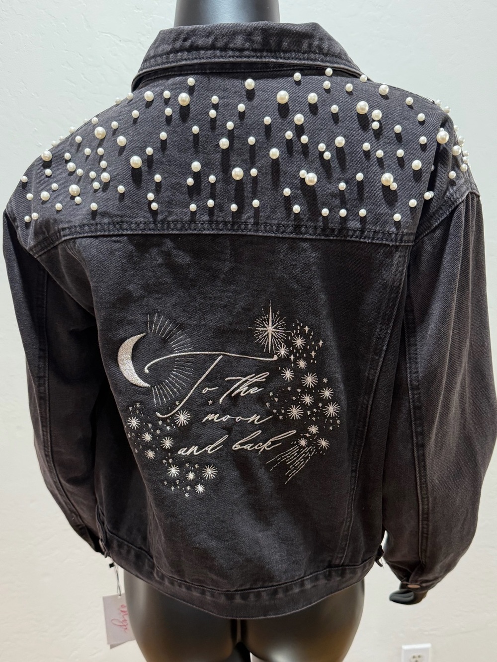 NWT Heirloom Bridal Black Pearl Denim Jacket To The Moon & Back L